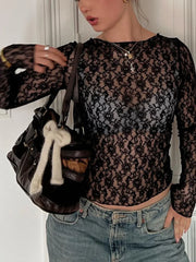 Long sleeve see-through lace crop top for women