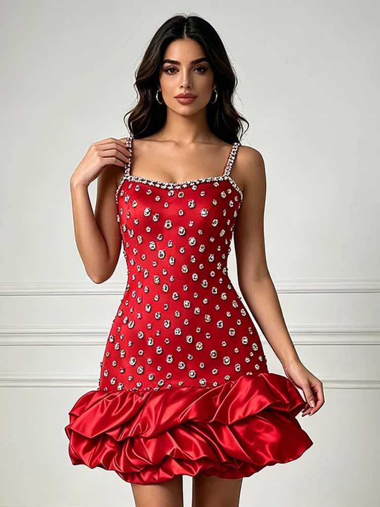 Red embellished mini dress with ruffle hem