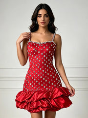 Red embellished mini dress with ruffle hem