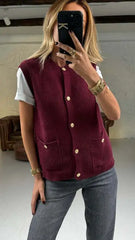 Sleeveless Pocket Solid Knit Cardigan