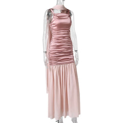 Satin Scarf Neck Ruched Maxi Dress
