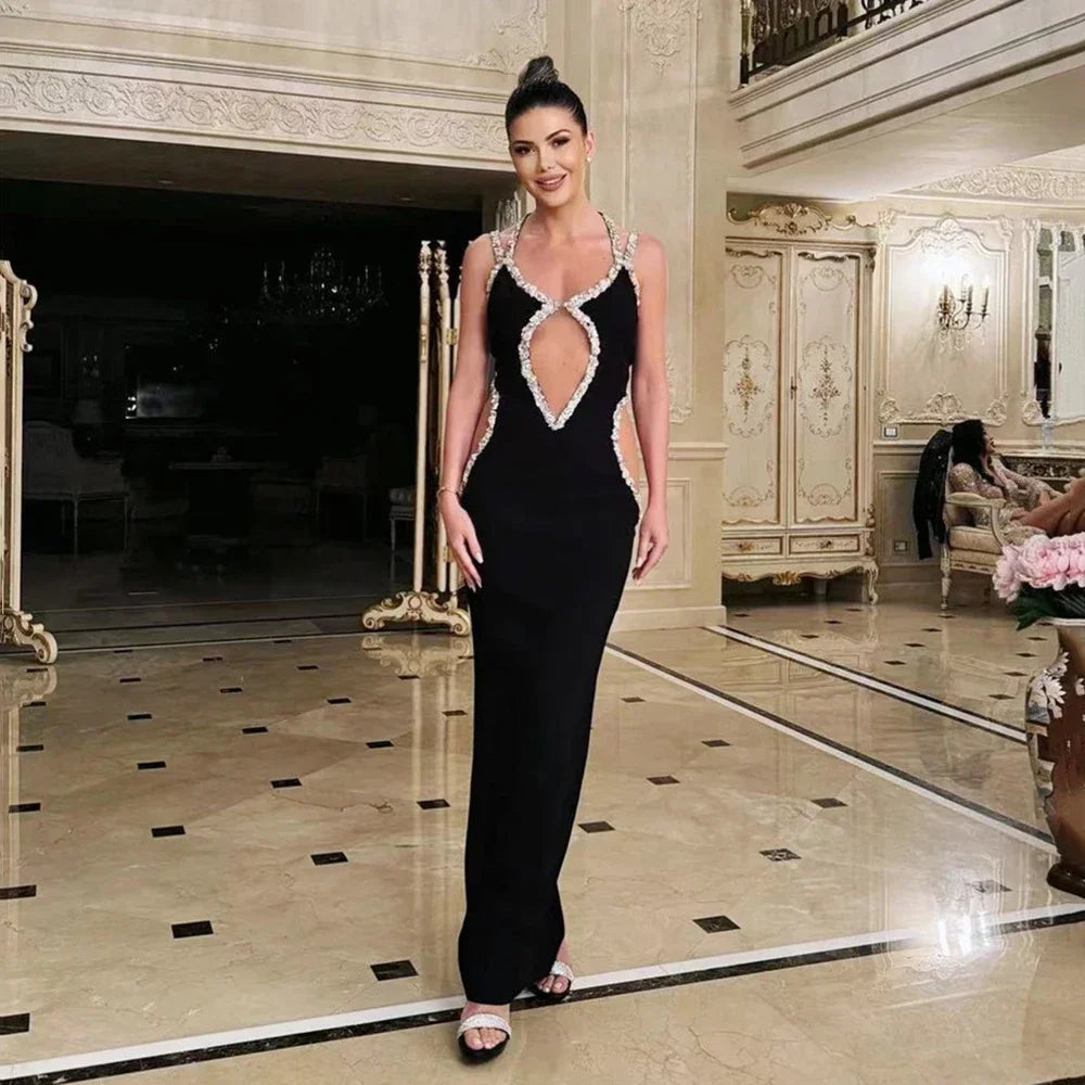 New Women's Black  V-neck Sleeveless Luxury Diamond Tight Long Bandage Dress Elegant Ball Evening Dress Golden Atelier 1