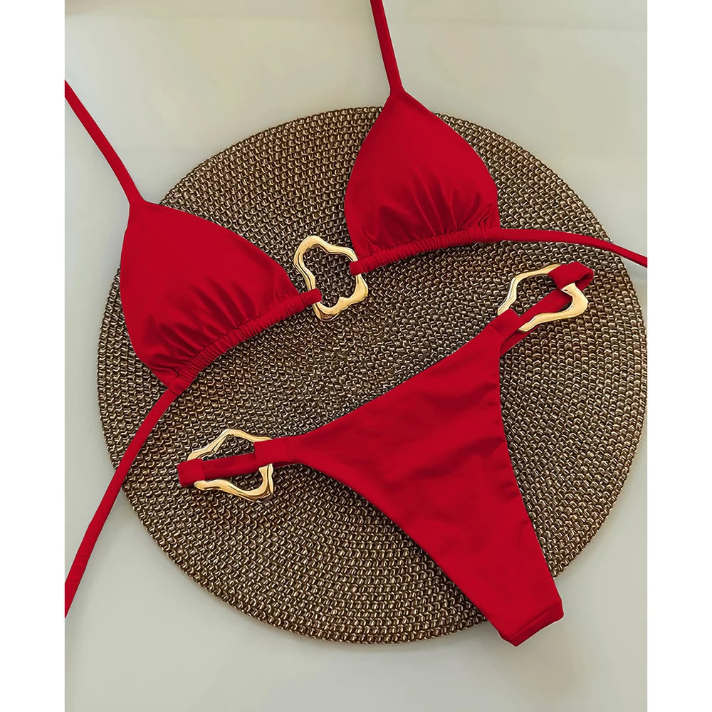 Red solid color bikini with gold ring detail