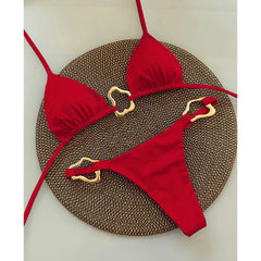 Red solid color bikini with gold ring detail