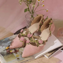 Pink Floral Vine Kitten Heels
