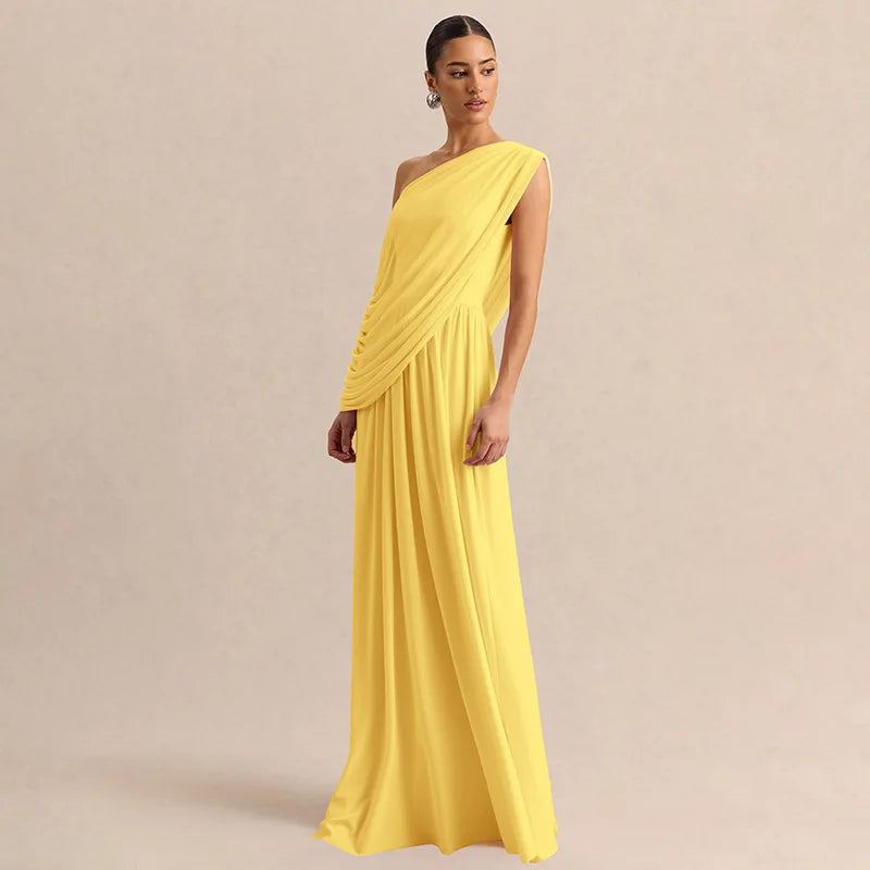 Yellow one shoulder draped maxi dress side view