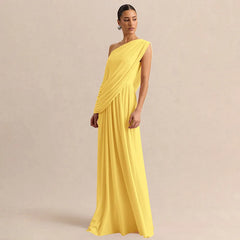 Yellow one shoulder draped maxi dress side view