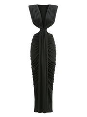 Draped Deep Neck Cut Out Folds Long Dress