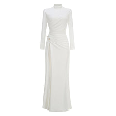 White Metal Decorated Drape Long Sleeve High Split Maxi Dress