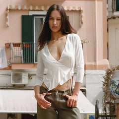Ruched Wrap Neck 3/4 Sleeve Crop Top