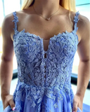 Glitter Tulle Lace Appliqué Blue Evening Dresses