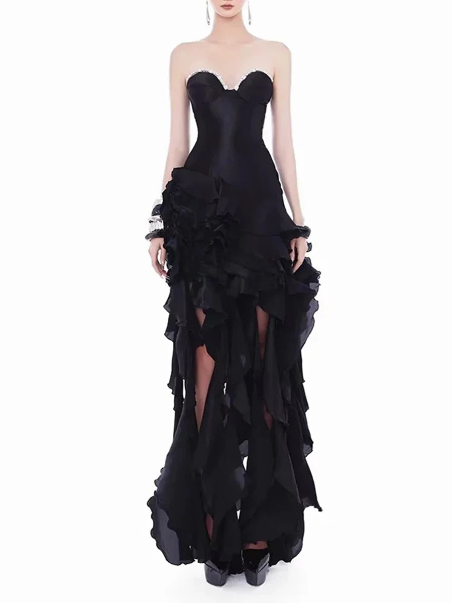 Black strapless gown with ruffled layers