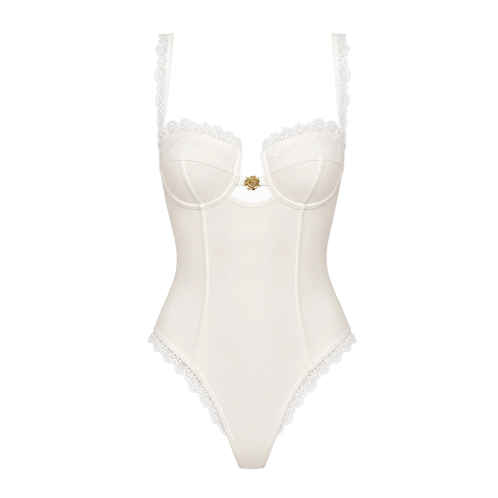 Cream lace trim bustier swimwear set front view