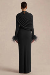 Draped Feather Cuff Maxi Dress