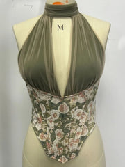 Green Floral Corset Halter Crop Top