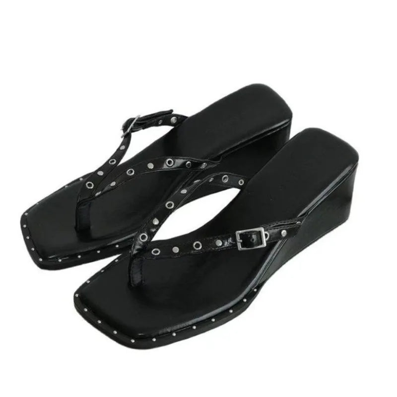 Studded wedge square toe thong sandals