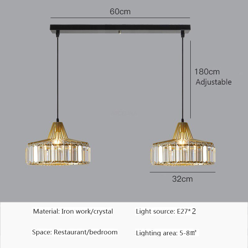 Crystal LED Pendant Gold Black 1/2/3 Head E27 Décor Lamp