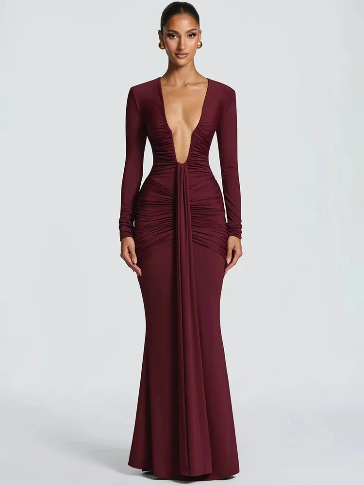Deep V Neck Draped Maxi Dress