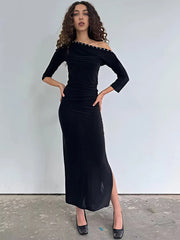 Diagonal Collar Ruched Bodycon Maxi Dress with Metallic Stud Detail