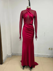 Mesh High Neck Twisted Cutout Ruched Gown with Gloves