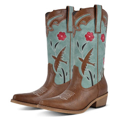 Brown and teal cowboy boots with floral and bird designs on a white background
