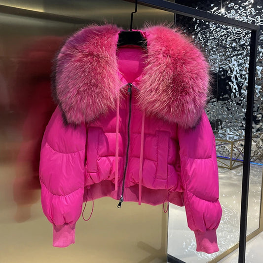 Pink fur collar puffer jacket