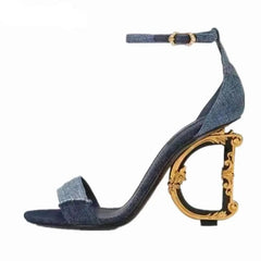 Metal Heels Sandals For Women Sequins Denim Gladiator Shoes. Golden Atelier 2