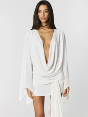 White deep V neck cowl drape mini dress front view