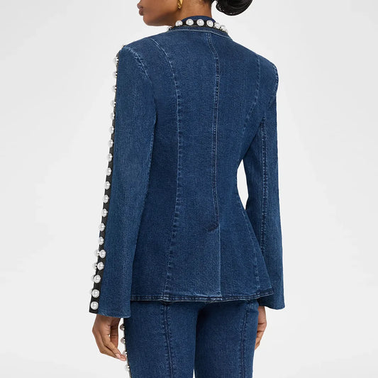 Beaded denim blazer and wide leg jeans suit back view.