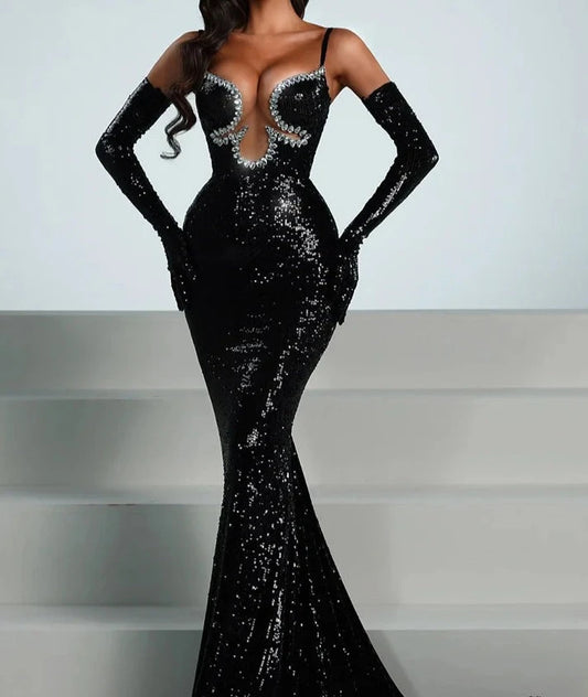 Rhinestones Sequins Mermaid Maxi Black Gown With Gloves