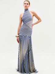 Striped halter maxi dress worn by model