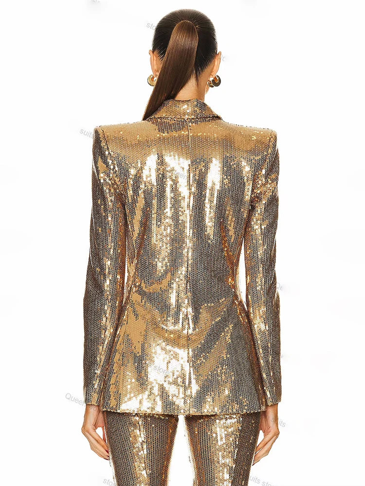 Gold sequin blazer worn by a person on a white background