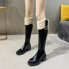 Knee High Square Heel Zip Belt Buckle Plush Edge Boots