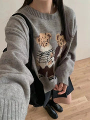 Cartoon Bear Round Neck Jacquard Pullover