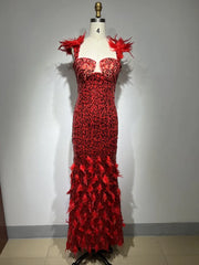 Mesh Sequins Feather Red Maxi Dress