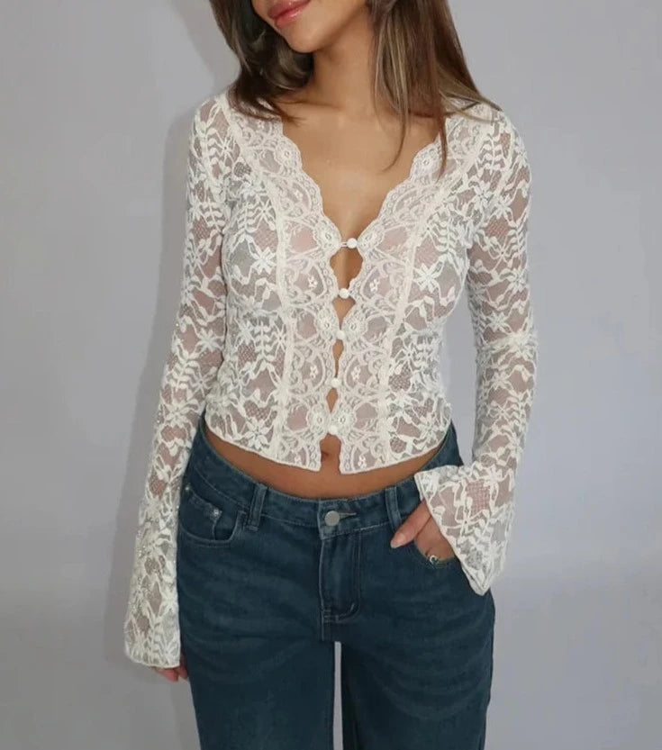 Lace Women White Long Sleeve Floral Top