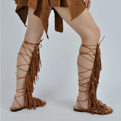 Embellished Lace-Up Fringe Gladiator Sandals