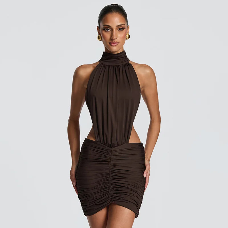 Halter neck ruched mini dress in brown