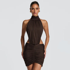 Halter neck ruched mini dress in brown