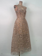 Beige Embroidered Lace Sleeveless Midi Dress