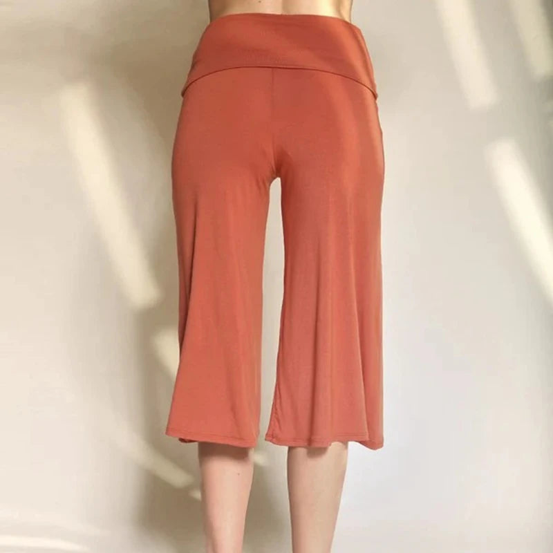 Rust wide leg cropped pants with fold-over waist
