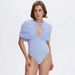 Ruched Cape Sleeve Keyhole Cut Out Bodysuit