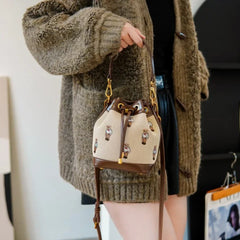 Embroidered Bear Canvas Drawstring Bucket Bag