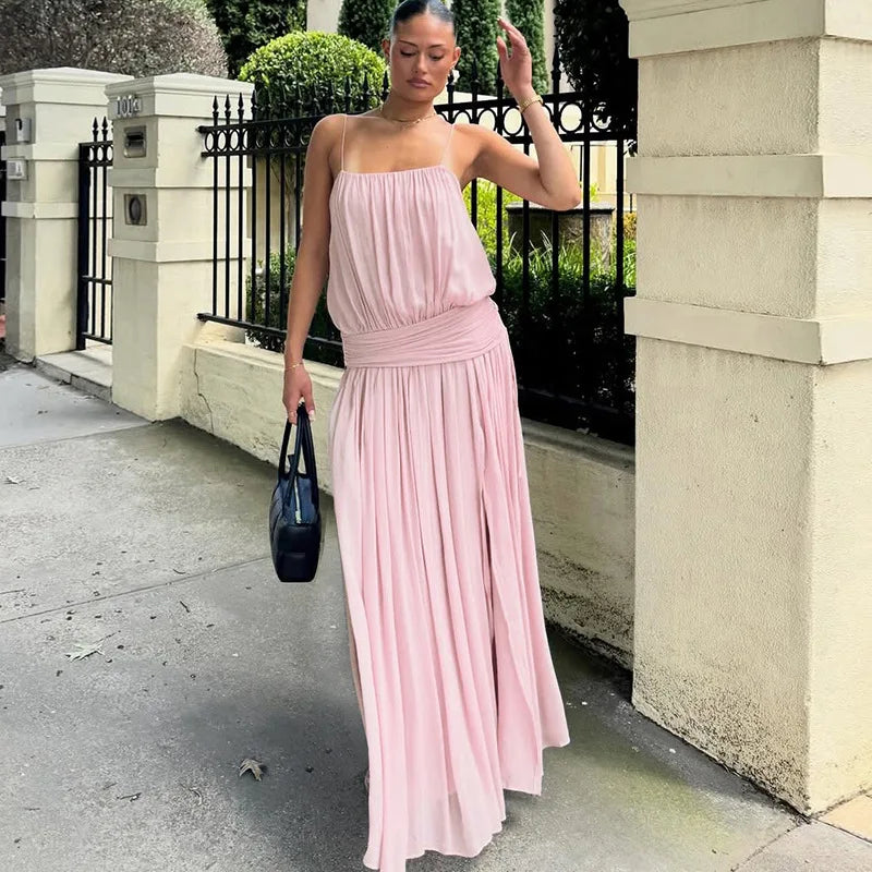 Pink maxi dress with spaghetti straps and gathered empire waist