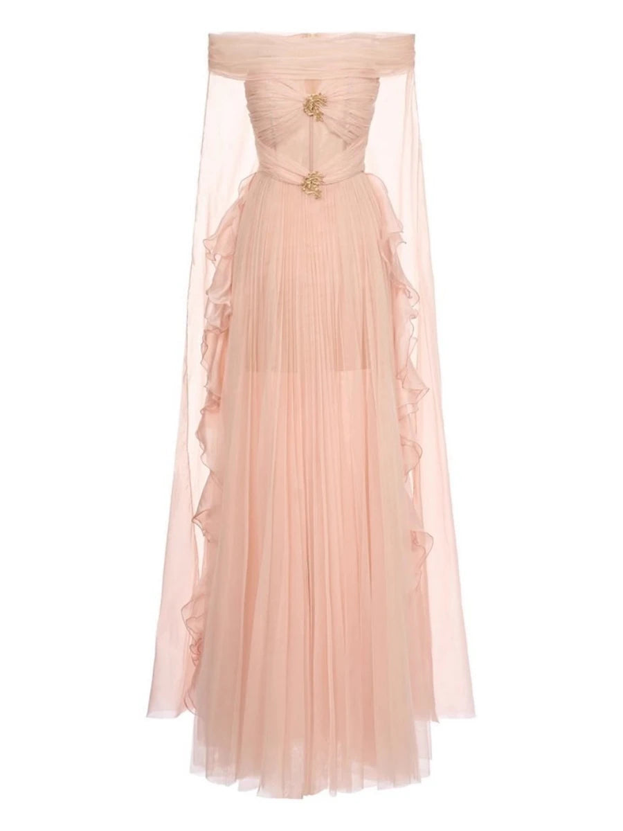 Pink evening gown with a sheer overlay 