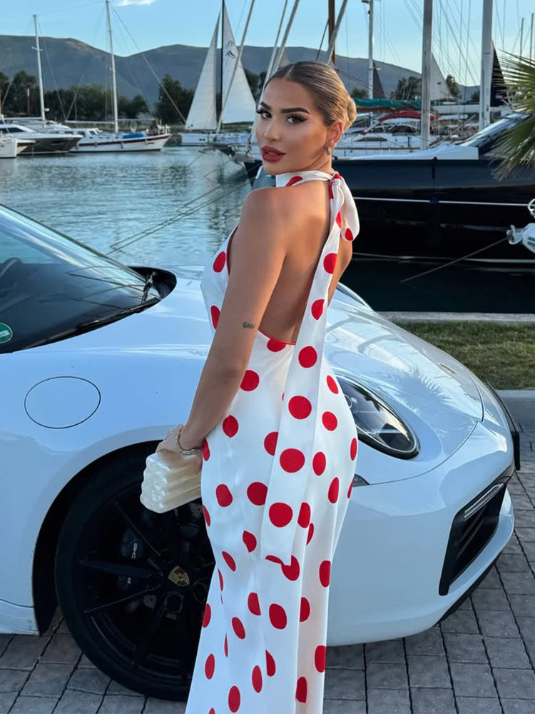 Back view of a polka dot halter neck maxi dress.
