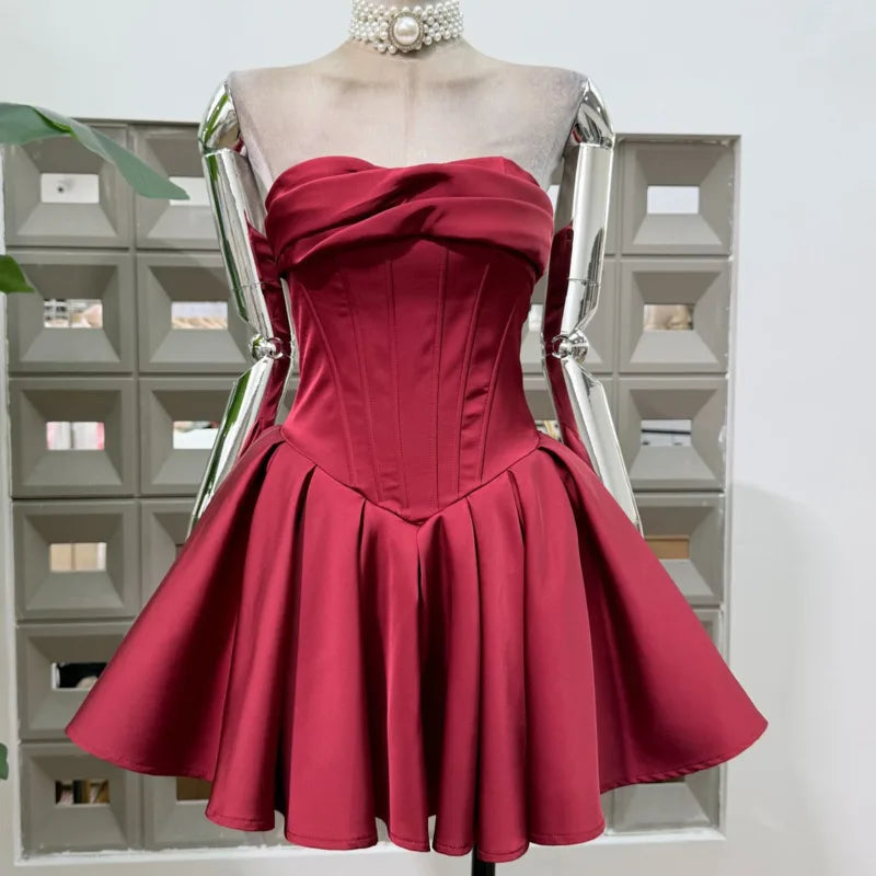 Red strapless corset fit and flare dress