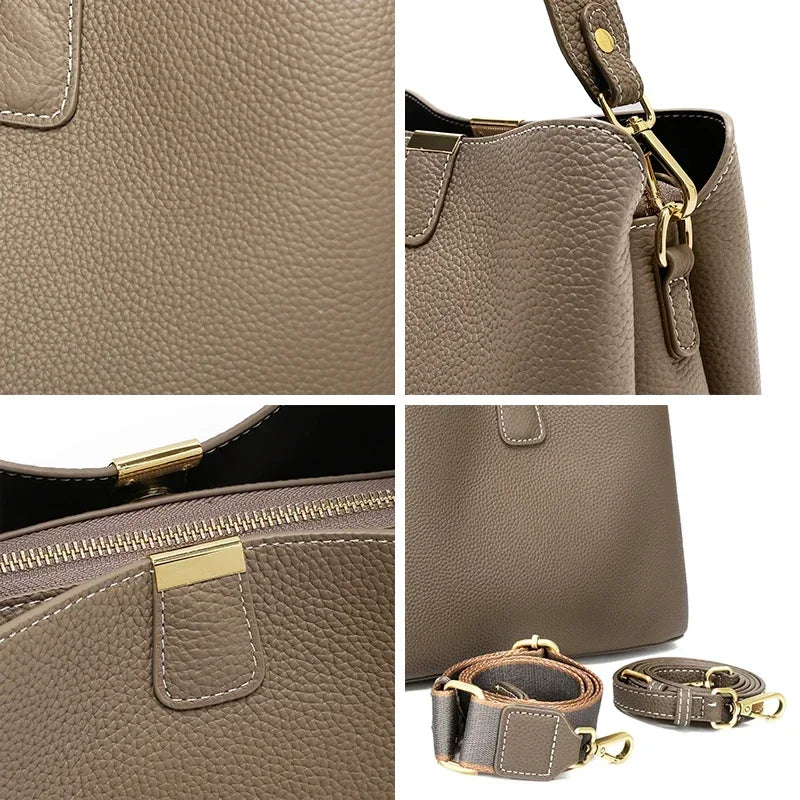 Collage of a brown leather handbag with gold accents, showing different angles and details.