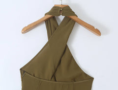 Green Beading Halter Crisscross Ruffle Hem Midi Dress