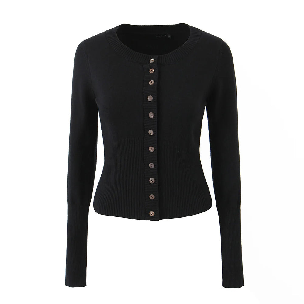 Black cardigan with button details on a white background
